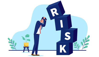 Leinwandbilder - Business risk and danger - Scared and afraid businessman in despair, holding hands on head over collapsing company economy and recession. Flat design vector illustration with white background