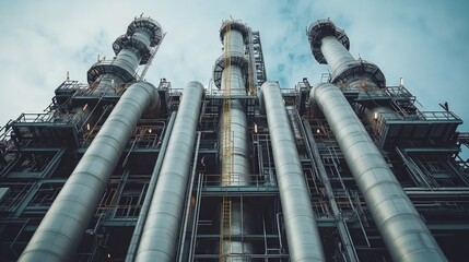 Low angle view of a large industrial plant with tall metal pipes and a cloudy sky in the background.