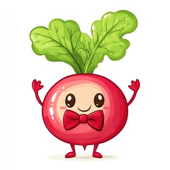 A smiling radish with a bowtie, cartoonish style, bright red, isolated on white background.