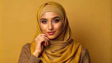 Young muslim woman posing in stylish hijab on yellow background