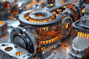 Poster - Close-up of a Detailed Metallic Gear System with Orange Glowing Highlights