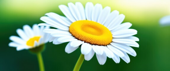 Macro photograph of daisy flower, vibrant white petals, bright yellow center, soft focus background, bokeh effect, nature closeup, crisp details, sunny day, spring bloom, floral beauty, high contrast,