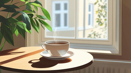 Wall Mural - Illustration of a white cup of coffee on a wooden table in front of a bright window