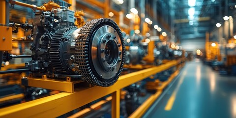 Poster - Close-up of an Industrial Machine with Gear and Metal Components on a Yellow Conveyor Belt