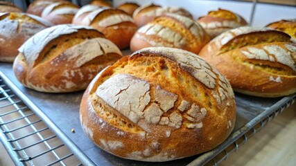 Close-up of a freshly baked loafs of bread with a golden brown crust, straight out of the oven