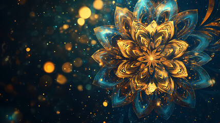 Wall Mural - elegant golden, blue bokeh mandala on dark background: high-definition vibrant abstract colorful flo