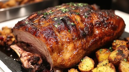 Wall Mural - Succulent roasted lamb with crispy potatoes on serving tray