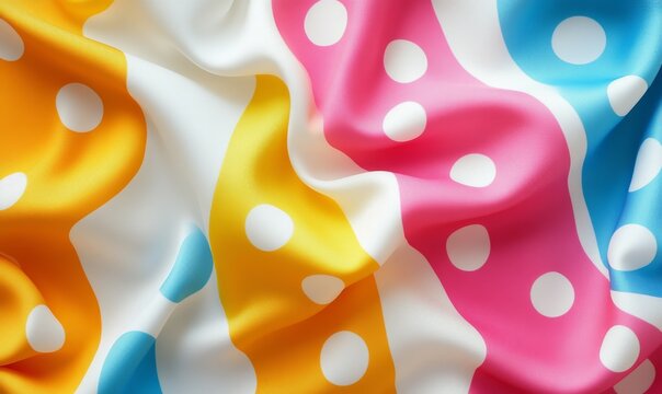 3D polka dot fabric pattern with large, playful dots in various colors on a white background, cheerful and fun