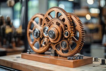 Poster - Close-up of Interlocking Copper Gears on Wooden Base