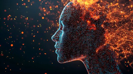 A futuristic stock photo featuring a virtual person, represented by a pixelated avatar, immersed in a simulated environment