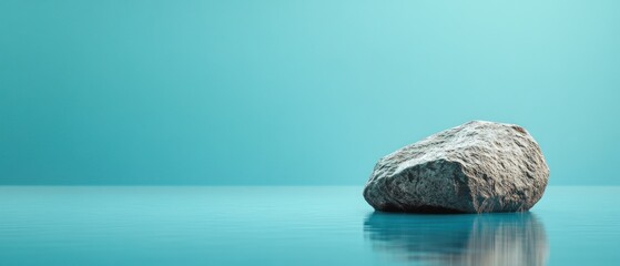 Wall Mural - A solitary rock sits on a tranquil, reflective surface against a turquoise background.