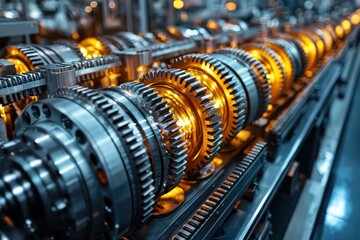 Poster - Close-up of a Complex Industrial Machine with Glowing Gears