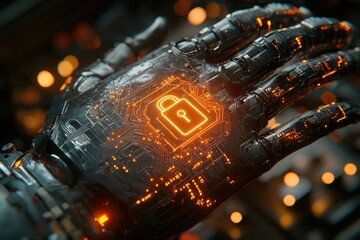 Aufkleber - A Metallic Robotic Hand with a Glowing Padlock Icon Embedded in its Circuitry