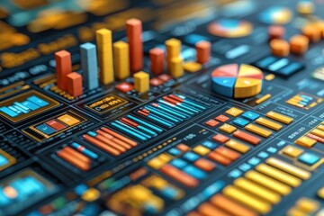 Aufkleber - A close-up view of a digital interface with colorful 3D bar graphs, pie charts, and other data visualizations.