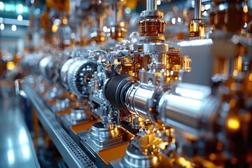 Close-up of a Complex Industrial Machinery System with Shiny Metallic Components