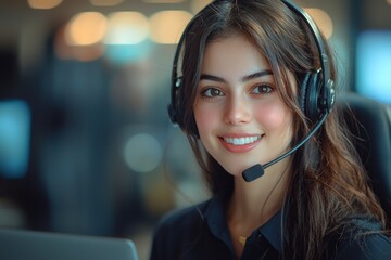 Poster - Smiling Woman Wearing a Headset in an Office Setting