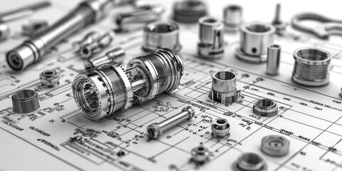 Poster - Metal Components and Technical Diagram on a White Surface