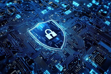 Poster - A Blue Glowing Shield with a Lock Icon on a Circuit Board