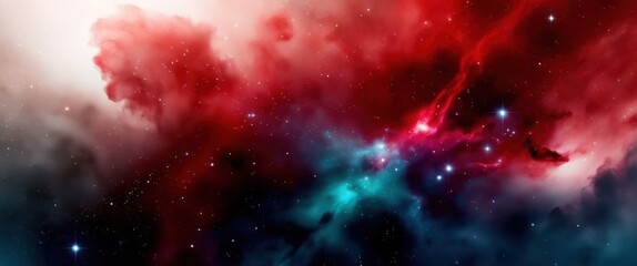 Cosmic nebula, vibrant colors, red and teal swirls, star clusters, deep space, celestial clouds, galactic dust, cosmic energy, interstellar beauty, high-resolution astrophotography, colorful space bac