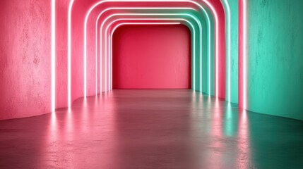 A sleek and futuristic corridor with neon lighting featuring continuous arches, blending technology with modern architectural design and vibrant colors.