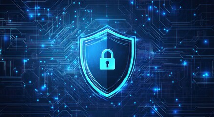 Aufkleber - Blue Glowing Shield with Padlock on Circuit Board Background