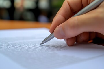 Poster - Close-up of a hand holding a pen, writing on a document