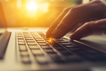 Aufkleber - Close-up of Hand Typing on a Laptop Keyboard with Sunlight in the Background