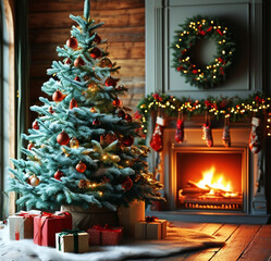christmas tree and fireplace