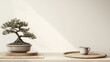 © Emily88 - Japandi aesthetic and the Bonsai's tree organic form on a wooden table