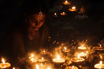 A decorative oil lamp glows against a vibrant orange background adorned with intricate patterns during a festive celebration