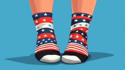 Colorful socks featuring red, white, and blue stripes with stars, representing patriotic themes against a bright blue background.