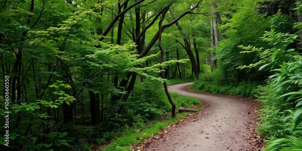 A winding path cutting through the lush green forest, offering a ...