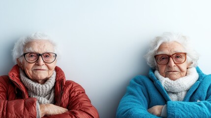 Two elderly women with white hair and glasses sit side by side in winter clothing, expressing a serious demeanor with arms crossed against a light background.