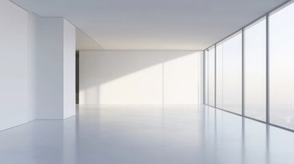 Poster - A minimalist, modern office space with large windows and sleek white walls.