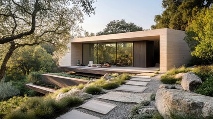 Poster - Modern home with a minimalist design and large windows overlooking a lush garden.