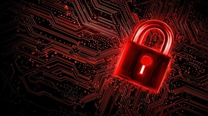 Fototapete - Red glowing padlock on a circuit board background