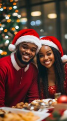 Wall Mural - An African American man and an African woman wearing Santa hats are smiling at the dinner table with a Christmas tree in the background