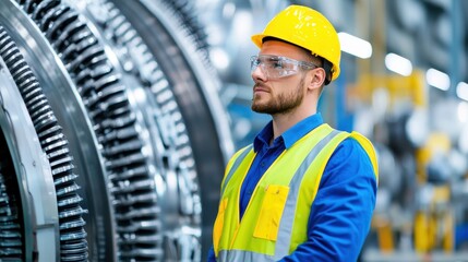 Poster - A focused worker in safety gear inspects large machinery in an industrial setting, emphasizing safety and professionalism.