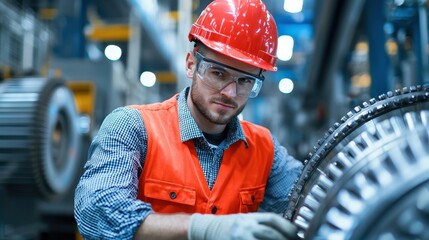 A worker in a red helmet and orange vest focuses on machinery in a factory, emphasizing safety and precision in an industrial setting.