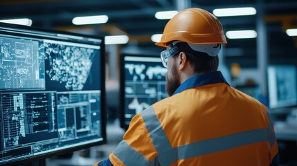 A worker in safety gear analyzes data on multiple screens, showcasing the integration of technology in industrial environments.