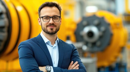 Poster - A confident professional stands with crossed arms in an industrial setting, featuring machinery in the background, exuding expertise and authority.