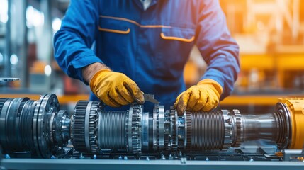 Poster - A technician is inspecting and assembling gears on a turbine engine in a bright workshop setting, demonstrating precision and expertise.