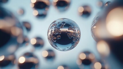 Poster - A shiny, silver sphere floats in the air, surrounded by a cluster of smaller, out-of-focus orbs. The soft, blue background creates a dreamy and abstract feel.