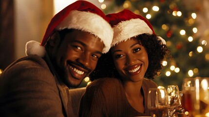 Wall Mural - An African American man and an African woman wearing Santa hats are smiling at the dinner table with a Christmas tree in the background