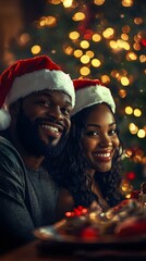 Wall Mural - An African American man and an African woman wearing Santa hats are smiling at the dinner table with a Christmas tree in the background