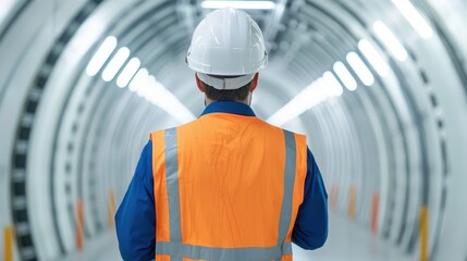 Poster - A worker in a safety vest and hard hat stands in a brightly lit tunnel, overseeing the construction or maintenance of the infrastructure.