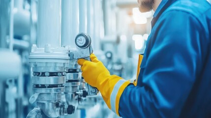 Poster - A technician in a blue uniform checks a pressure gauge on industrial piping, wearing protective gloves in a well-lit facility.