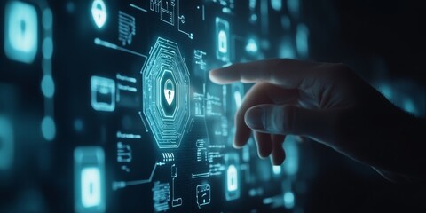 Poster - A hand interacts with a digital screen featuring technology icons for online network connections, cloud storage, and security systems, all highlighted against a dark blue backdrop.
