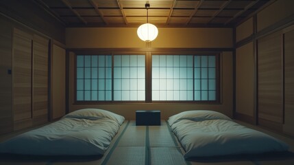 Wall Mural - Minimalist japanese tatami room with futons and shoji panels in soft light