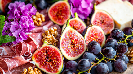 Aufkleber - Fresh figs and grapes are beautifully arranged with cured meats, walnuts, and vibrant flowers for a delightful outdoor feast